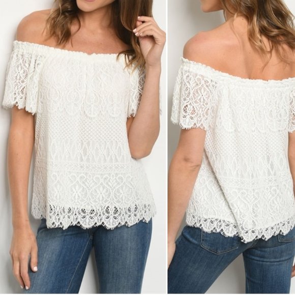 GIRLY & FLIRTY WHITE LACE OFF SHOULDER TOP - Picture 1 of 8
